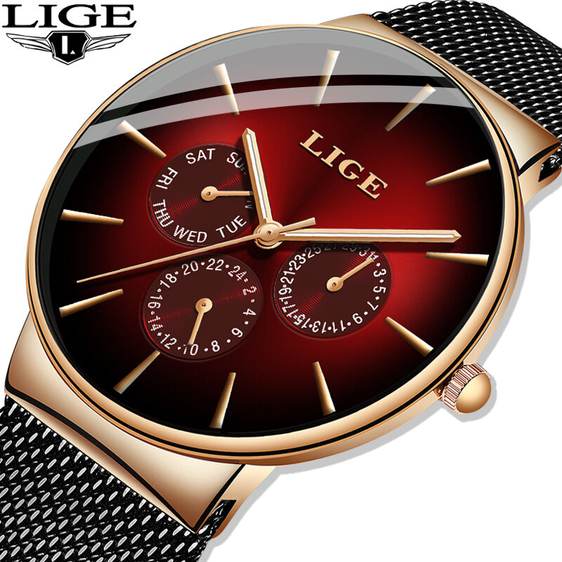Часы наручные LIGE Мужские кварцевые, модные брендовые Роскошные водонепроницаемые ультратонкие спортивные, с сетчатым стальным ремешком