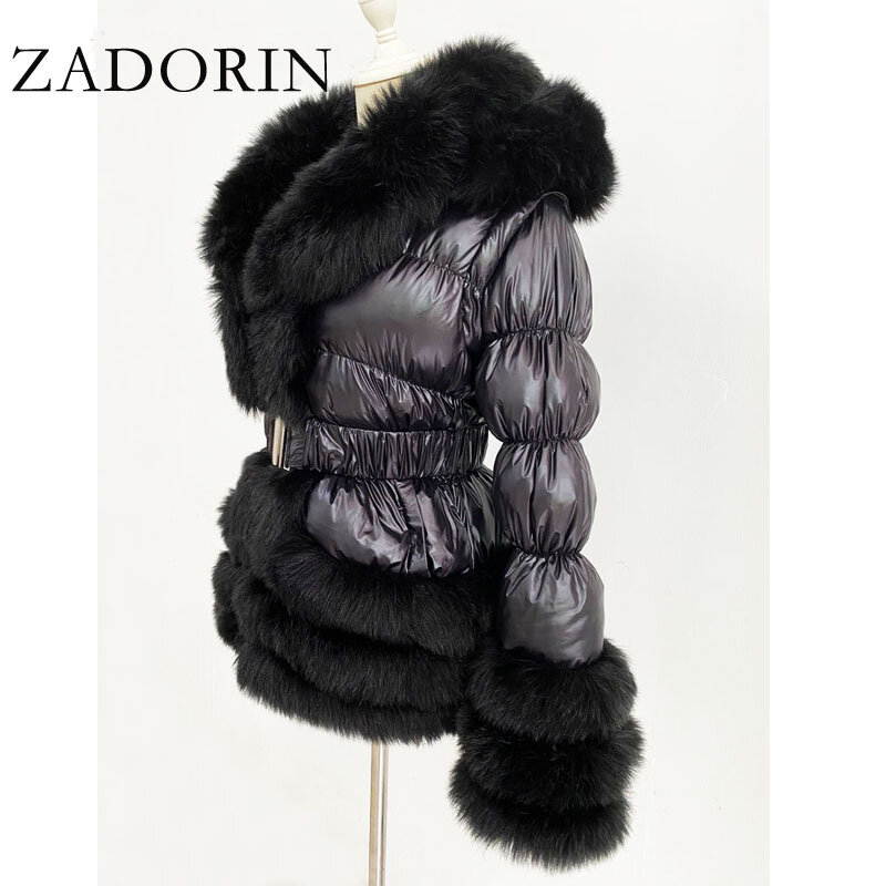 ZADORIN-Chaqueta de plumón de pato para mujer, abrigo cálido de piel sintética con mangas desmontables y capucha, color negro, para invierno, 2024