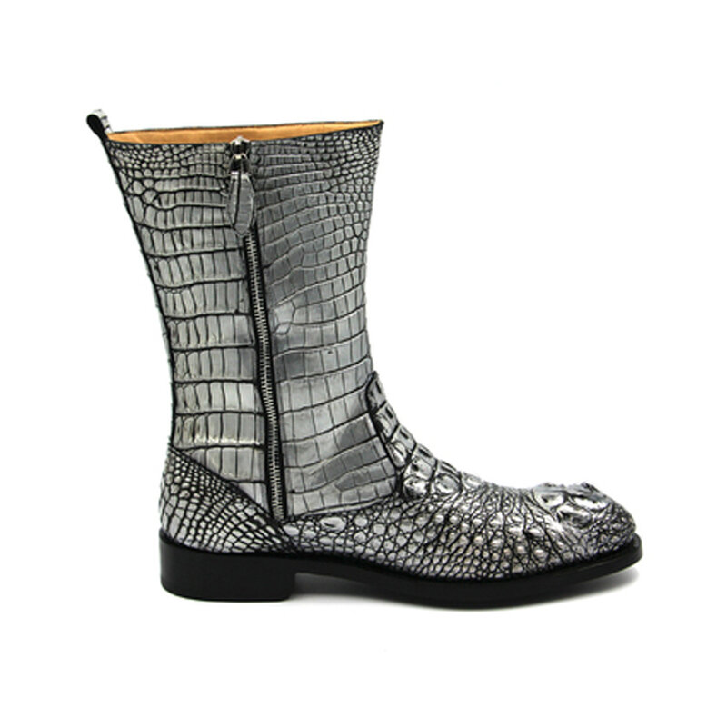 Hulangzhishi-Botas de cocodrilo con personalidad para hombre, zapatos de cilindro medio, botas de cocodrilo manuales, de invierno