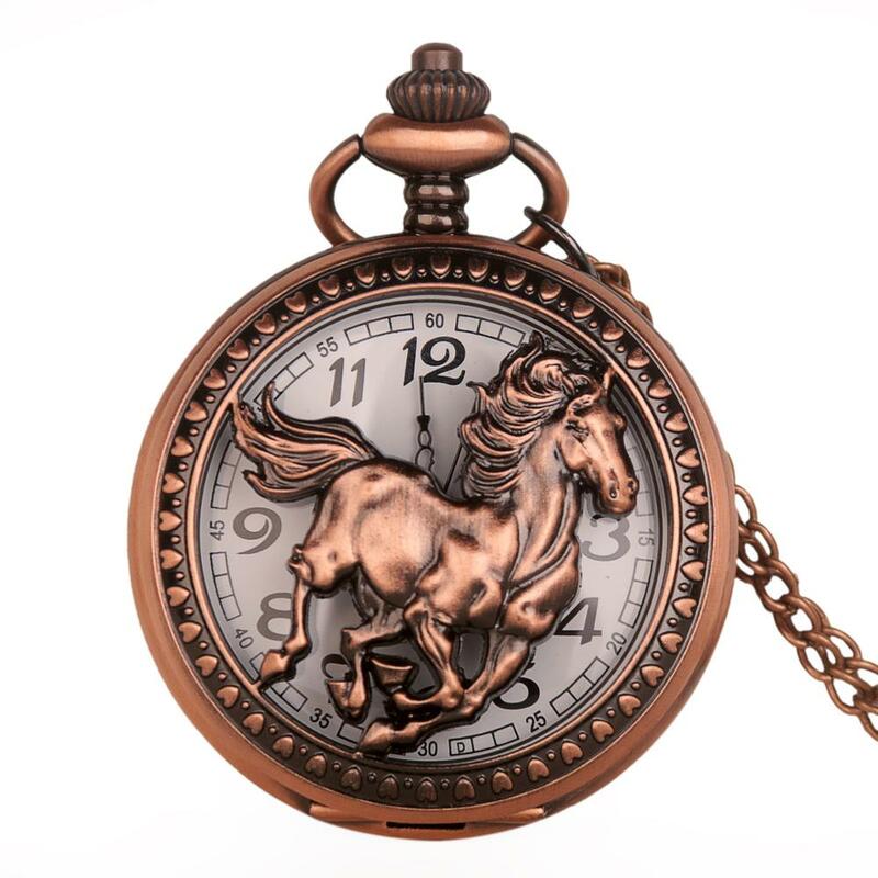 Vintage oco cavalo quartzo bolso relógios analógico mostrador branco bolso relógios para homens mulheres relógios unisex colar cadeia
