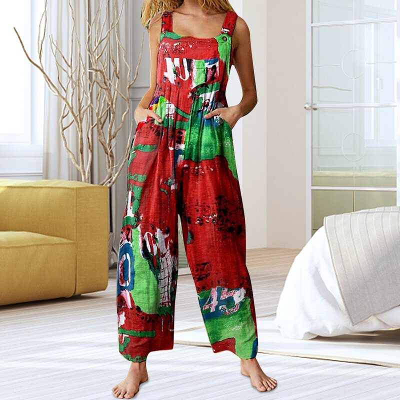 Lady Trousers Jumpsuit long pants Wide leg pants ethnic style patchwork printed Fashion Overalls woman button strap overalls