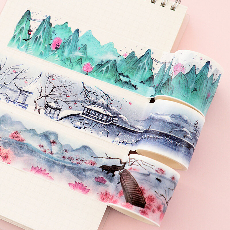Лента малярная, лента для декорации Washi, 1 шт., с китайским пейзажем, растениями, винтажным пейзажем, дневник в стиле Скрапбукинг