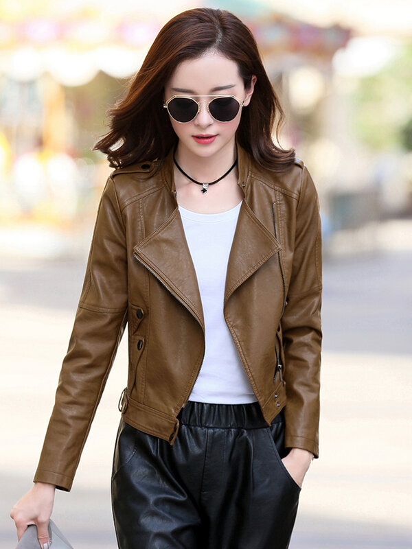 Женская Короткая кожаная куртка, облегающее байкерское пальто из искусственной овечьей кожи с воротником-стойкой, в Корейском стиле, большие размеры 4XL, весна-осень 2020