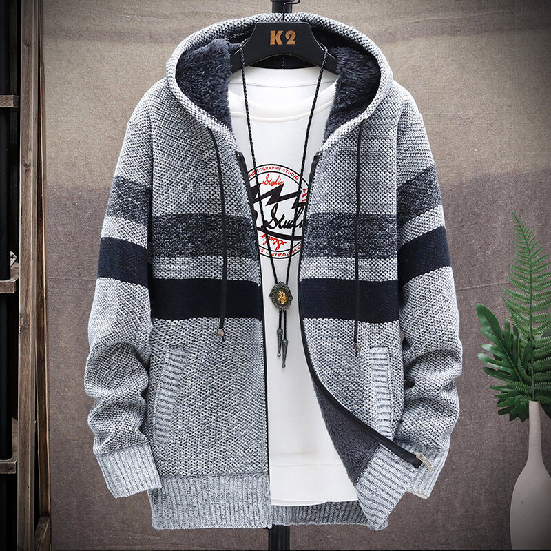 Men's Striped Cardigan Winter Sweater Fleece Jumper Hooded Clothes Harajuku Wool Japanese Casual Windbreaker Korean Jacket