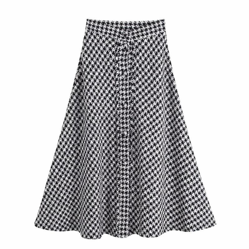 Withered england elegant vintage tweed houndstooth high waist A-line midi skirt women faldas mujer moda 2019 long skirts womens