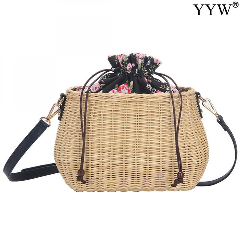 Straw Bag Women Woven Shoulder Bag Flower String Bow Rattan Bag Big Capacity Drawstring Casual Beach Shoulder Crossbody Bag