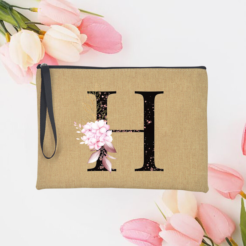 ดอกไม้สีชมพูตัวอักษร A-Z Clutches กระเป๋าผู้หญิงแฟชั่นผ้าลินินเครื่องสำอางค์กระเป๋าแต่งหน้ากระเป๋าถือสีส้มกระเป๋าของขวัญ