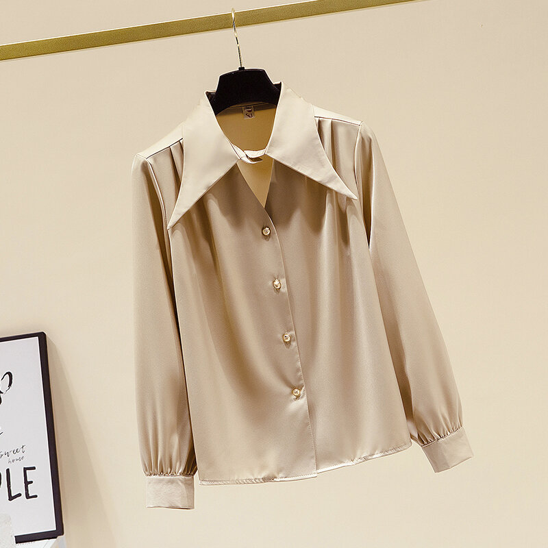 Женская шифоновая блузка на пуговицах, однотонная блузка с V-образным вырезом, отложным воротником и пышными рукавами, кардиган с украшением, весна 2021