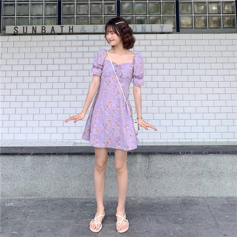 Feminino primavera verão estilo vestido feminino manga curta impresso quadrado-colarinho drapeado elegante vestido casual ss1642