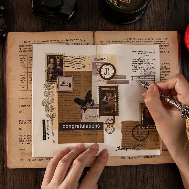 Vintage เครื่องเขียนสติกเกอร์ Art Post Office Gilding Stamp Diary Planner ขยะ Journal ตกแต่ง Scrapbooking DIY Craft สติกเกอร์