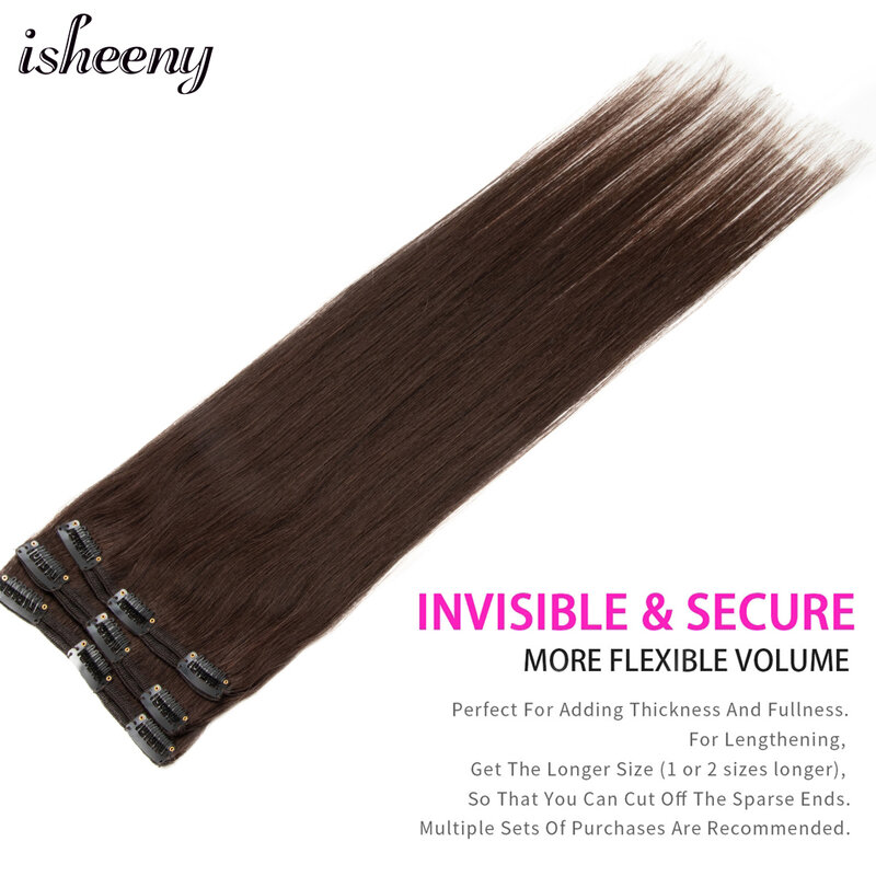 Isheeny-grampo em extensões do cabelo humano, parte do cabelo de Remy, Brown grampos sobre, parte natural real do cabelo, 16 ", 18", 20 ", 22", 3 PCes pelo grupo