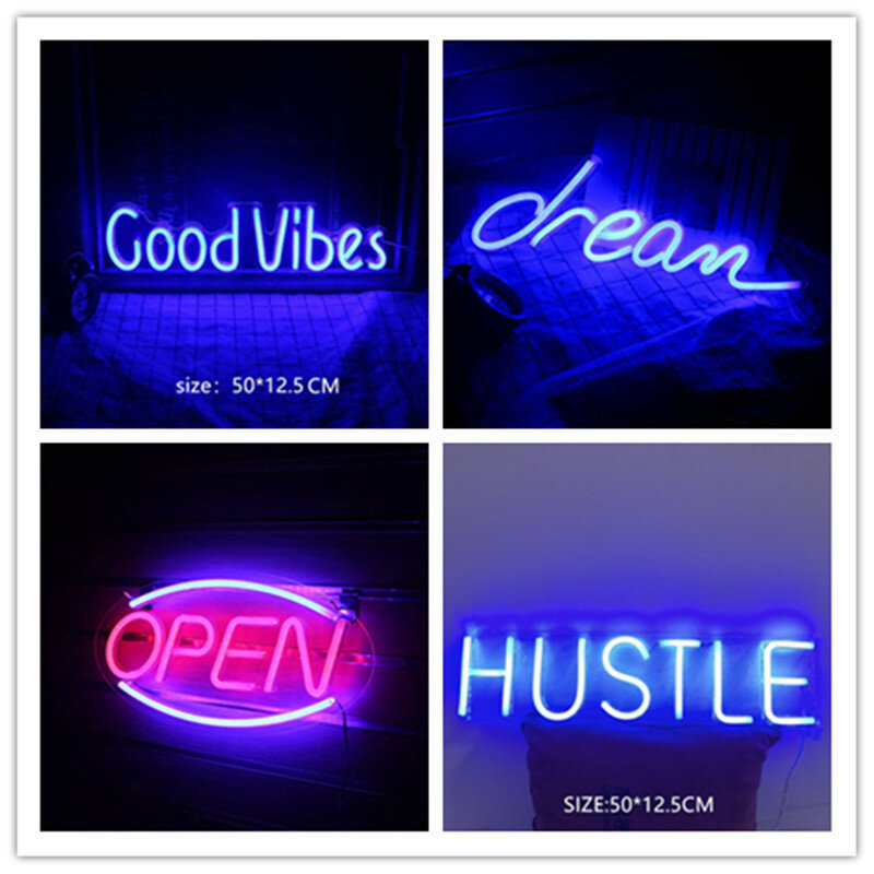Dream Hustle Open Neon Wall Light Personalized Words Neon Sign for Restaurant Store Window Home Bedroom Christmas Art Decor Lamp