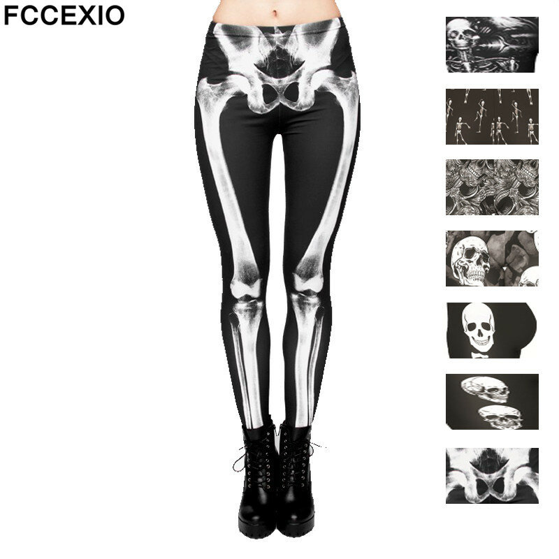 FCCEXIO-Leggings con estampado 3D de huesos negros para mujer, pantalones de cintura alta, Sexy, informal, Punk, Rock, Fitness