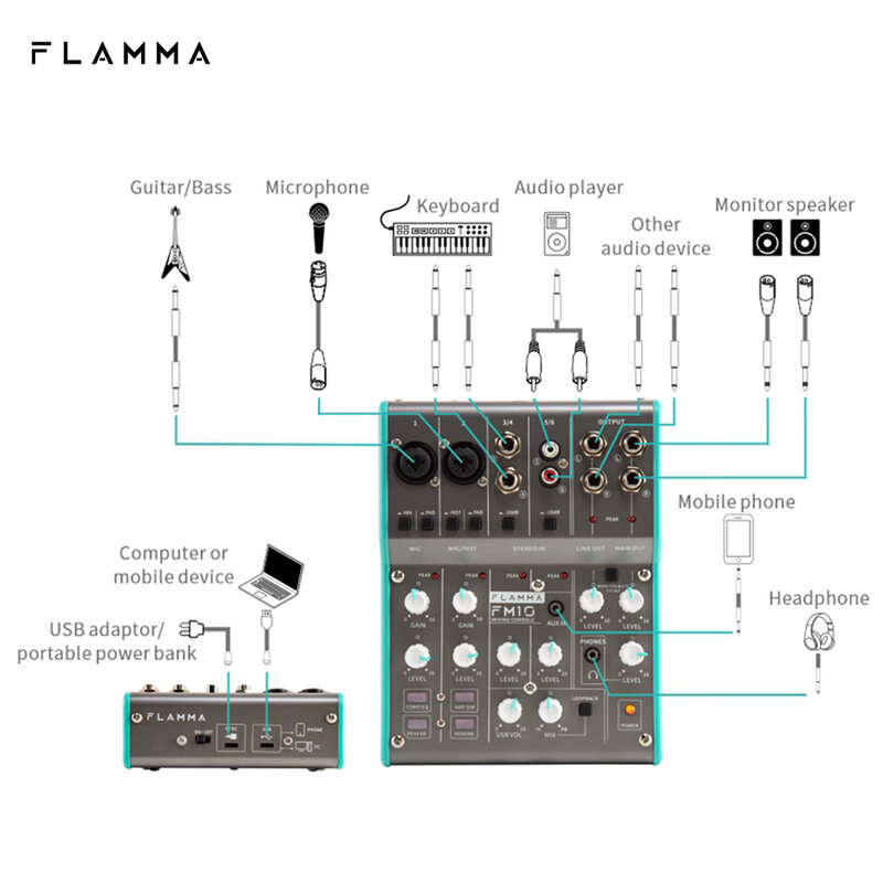 FLAMMA-FM10 디지털 오디오 믹서, 6 채널 믹싱 콘솔, 사운드 카드, USB 인터페이스, 48V 팬텀 전원, PC 녹음, 라이브 스트림