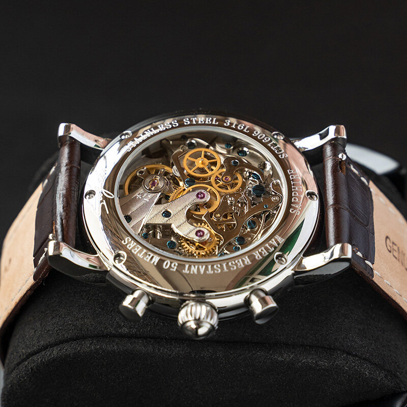 Supeso jam tangan mekanis pria, arloji kulit asli ST1908 gerakan kronograf Vintage untuk pria 50ATM ST19 tahan air