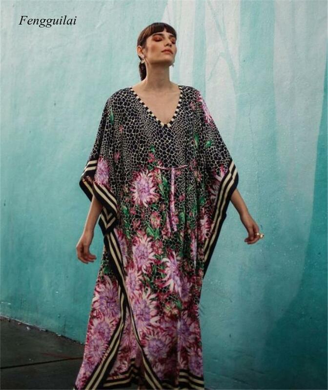 Polyester Floral Print Beach Summer Cover Up Sexy Deep V-Neck Robe Holiday Sunscreen Dress