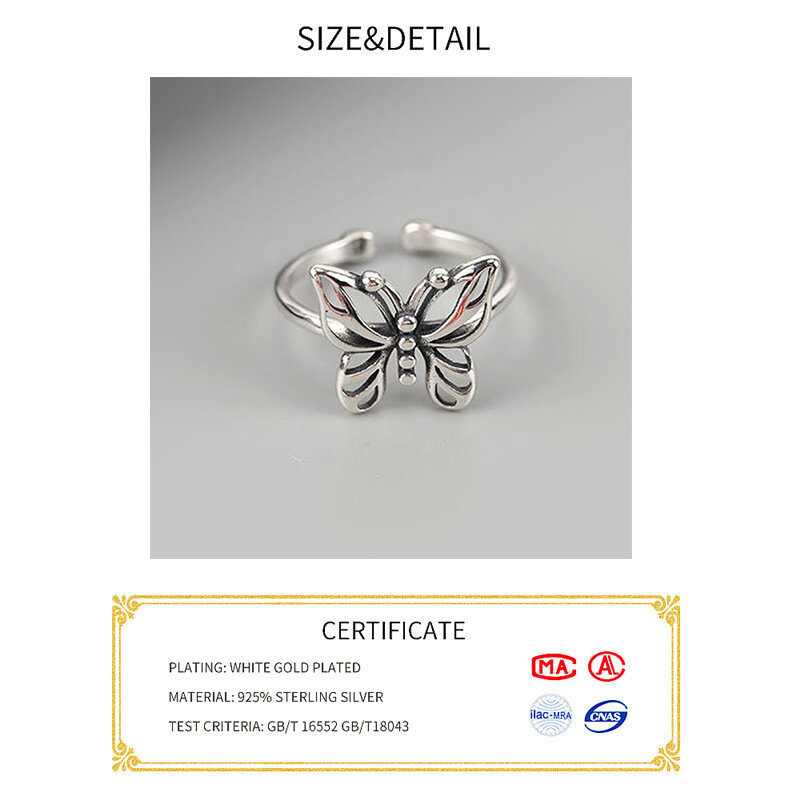 Prawdziwy 925 srebro geometryczny motyl vintage regulowany pierścionek minimalistyczna piękna biżuteria dla kobiet Party prezent