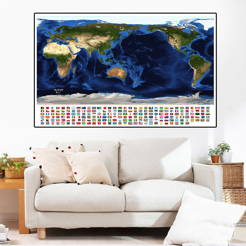 Mapa satélite del mundo con banderas de países, lienzo no tejido, pintura, arte de pared, póster, sala de estar, decoración del hogar, 150x100 cm