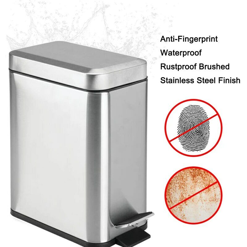 5L/1.33 Gallon Stainless Steel Trash Can with Silence Lid Rectangular Small Trash Can Garbage Storage Bins for Kitchen Bathroom