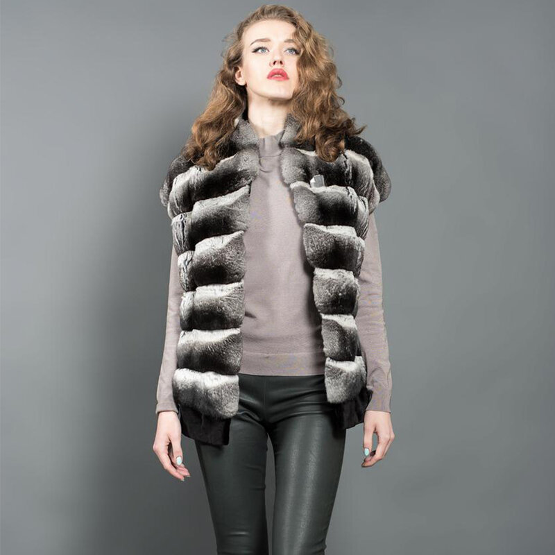 チンチラカラーファージャケット女性リアルレックスラビットファーベストコート秋冬ウォームファッションジレット