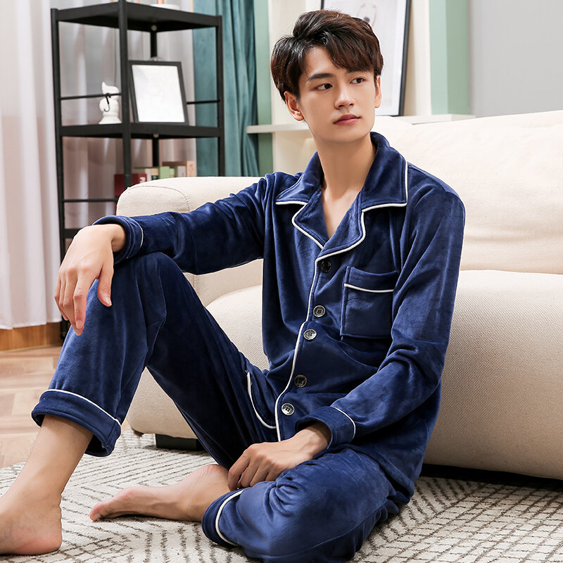 Winter Coral Fleece Pajamas Men PJ Set Nightwear Warm Thicken Pijama Island Velvet Sleepwear Korean Gray Pyjama Homme Plus Size