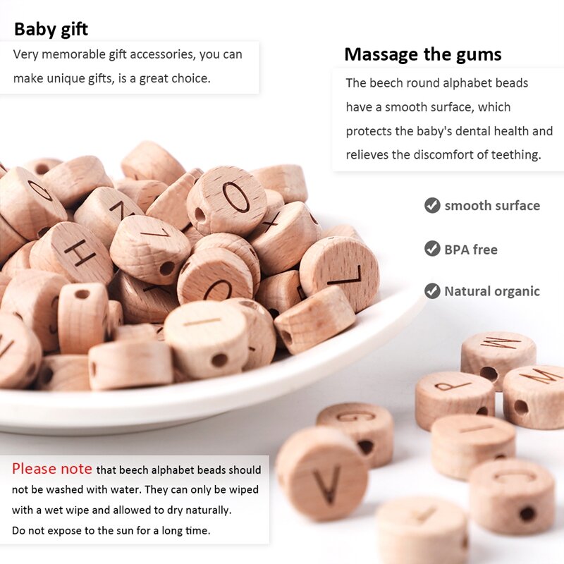 Bopoobo — Perles en bois de qualité alimentaire pour dentition de bébé, hochet de dentition avec l'alphabet anglais, 20 pièces pour DIY de bébé