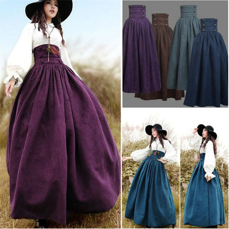 2019 New Woman Medieval Elegant Skirt Solid Hight Waist Middle Ages Renaissance Costumes Vintage Swing Pleated Skirts