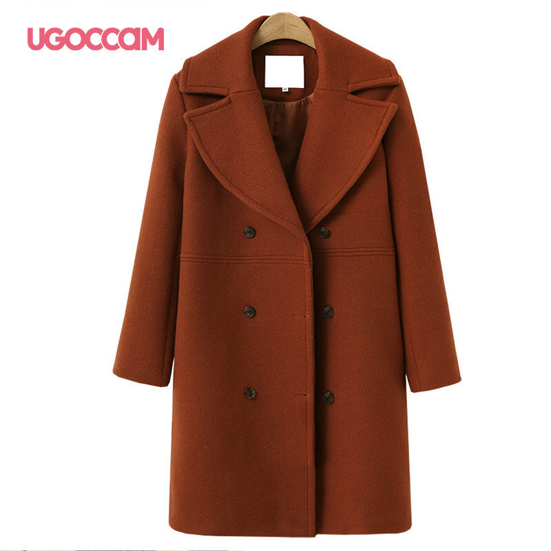 Ugoccamウールコートオフィスレディジャケット女性秋と冬のプラスサイズの女性ロングウインドブレーカーダブルブレスト女性服