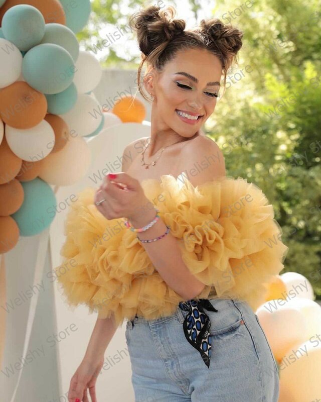 High Street Style Strapless Puffy Ruffled Short Party Tulle Tops Pretty Yellow Girls Ruffles Pleated Tulle Top Women Custom Made