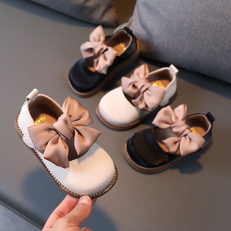 Zapatos de cuero liso para niñas, calzado suave con lazo de encaje, de princesa, para boda, 13,5-18,5 cm