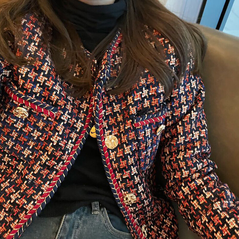 우아한 직조 격자 무늬 블레이저, 포켓 플러스 벨벳, 겨울 캐주얼 트위드 코트, 사무실 숙녀 정장 재킷