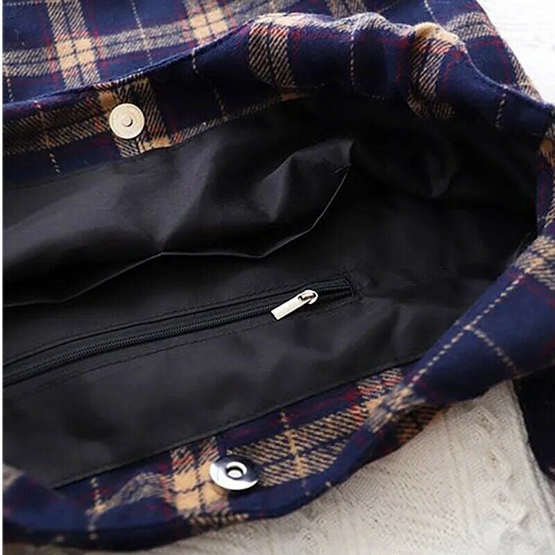 격자 무늬 모직 숙녀 어깨 가방 문학 복고풍 야생 캔버스 가방 캐주얼 간단한 여성 핸드백의 한국어 버전