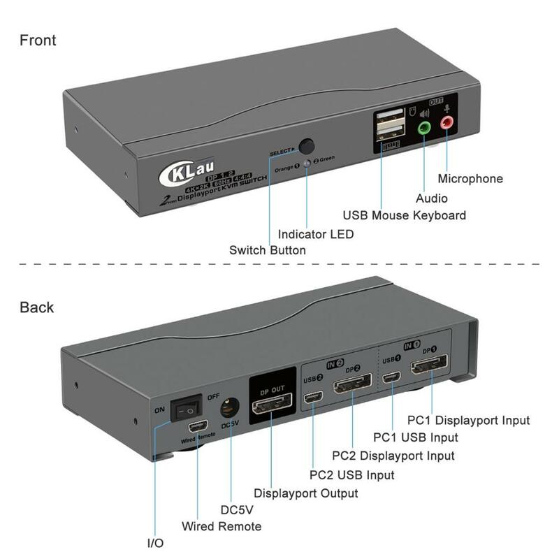Conmutador KVM Displayport de 2 puertos, conmutador DP KVM con resolución de Audio y micrófono de hasta 4K x 2K @ 60Hz 4:4:4, CKL-21DP