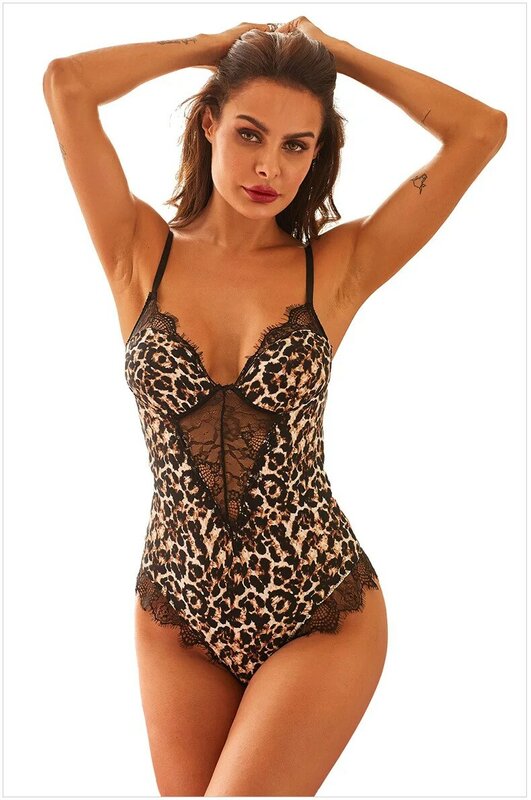 BKLD 2019 Fashion Hollow Out Leopard Printed Bodysuit Nightwear Ladies Sexy V-Neck Sling Lace Patchwork Romper Women Jumpsuits