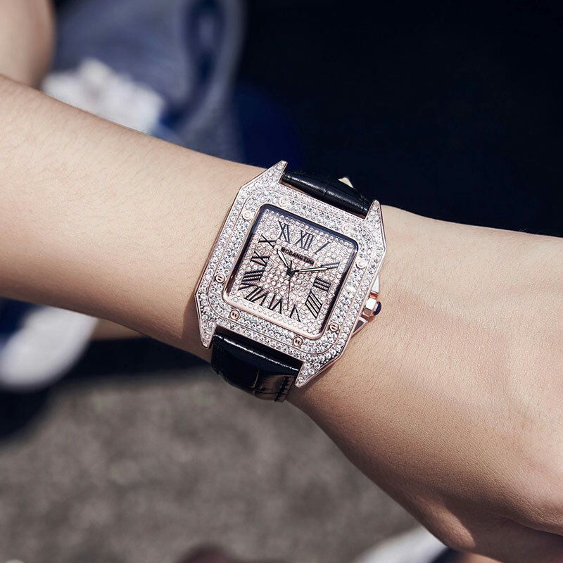 Relógio de quartzo rosa totalmente diamante quadrado, relógio de marca de luxo para mulheres e homens com strass