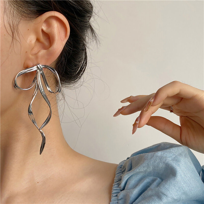 AENSOA-Brincos com arco em metal feminino, elegante grande, longo, nó de laço, simples, cor prata, design coreano, moda, 2021