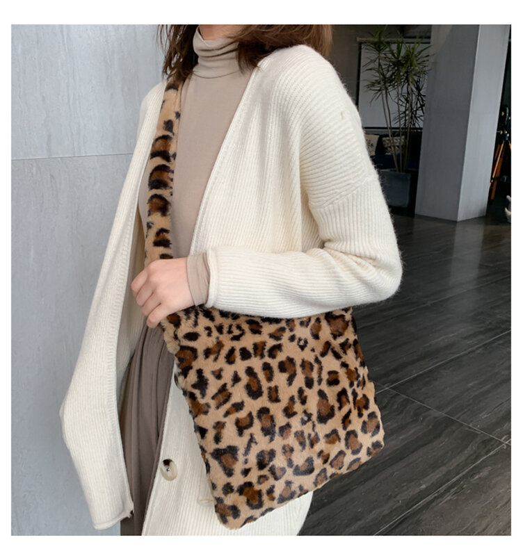 Leopard Print Shoulder Women Bag Winter 2020 Soft Faux Fur Ladies Hand Bags Casual Fluffy Crossbody Messenger Bag Bolsa Feminina