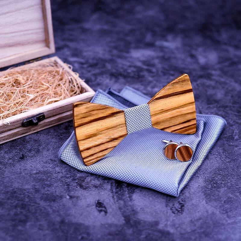 Herren Plaid Holz Fliege Set gestreifte Holz Fliege Taschentuch Manschetten knöpfe Sets mit Holzkiste für Männer Hochzeits geschenk