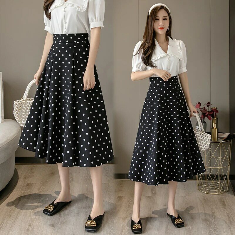 Женская черная юбка в горошек Wisher & Tong, корейская мода, трапециевидная длинная юбка с высокой талией, женская одежда на весну 2022