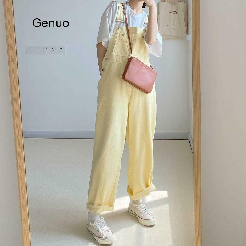 Egg Yellow Jumpsuits Women Casual Ankle Length Straight Wide Leg Solid Female Trousers Stylish Chic All-Match Students Womens
