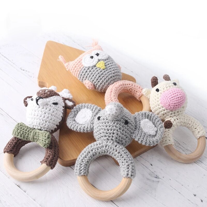 Baby Rattle Toys For Children 1Pc Smooth Beech Wood Teething Crochet Elk Fox Bear Teether Montessori Educational Toys For Kids