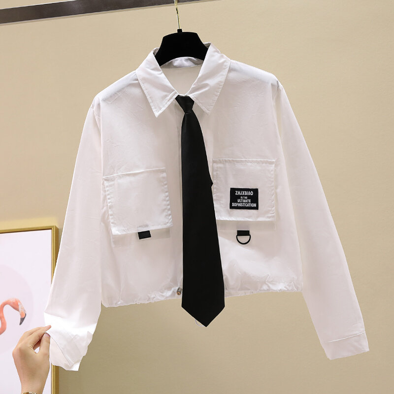 原宿-襟付きの女性用長袖シャツとブラウス,折り襟付きの白いカジュアルブラウス,ネクタイとポケット付き,olスタイル,2020