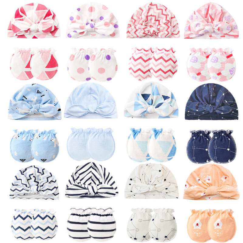 KLV-Gants anti-rayures en coton pour bébé, ensemble bonnet noué, protège-mains, mitaines, bonnet, kit pour nouveau-né