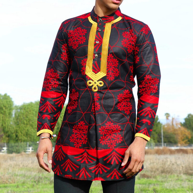 Африканская мусульманская Мужская Дашики с длинным рукавом модная рубашка богатый цветочный принт мослим Мужская Повседневная футболка традиция чилаба Мужская