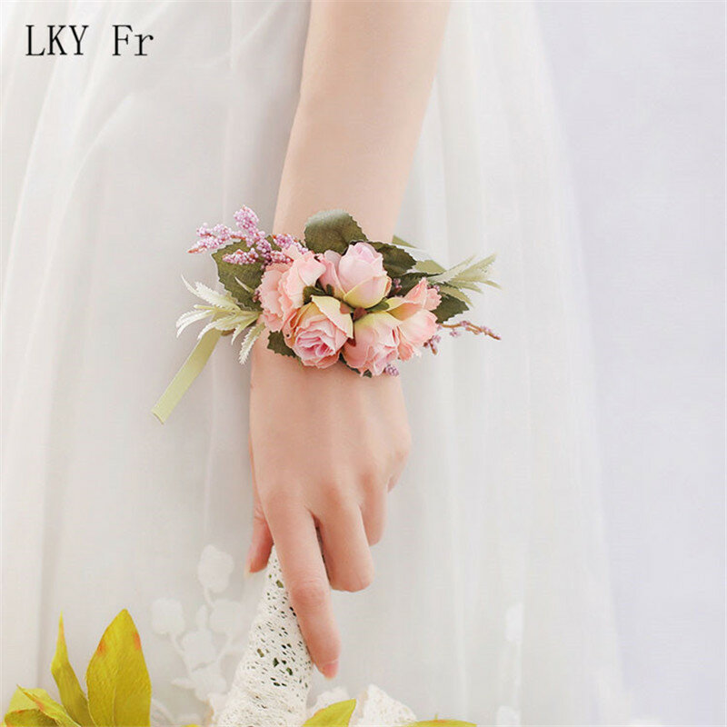 Boutonniere accessori da sposa polso corpetto Buttonhole fiori artificiali rose di seta braccialetto damigella d'onore sposo uomini spille da bavero