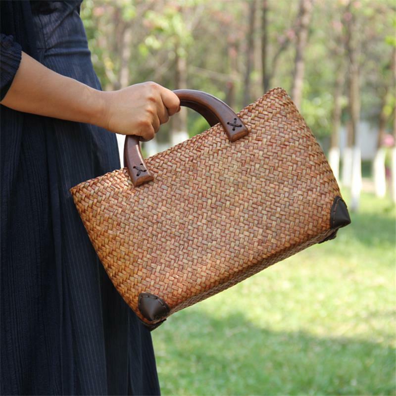 Bolso de paja antiguo hecho a mano, tejido de mimbre con mango de madera, Retro, estilo chino Original, 34x16CM, a6115