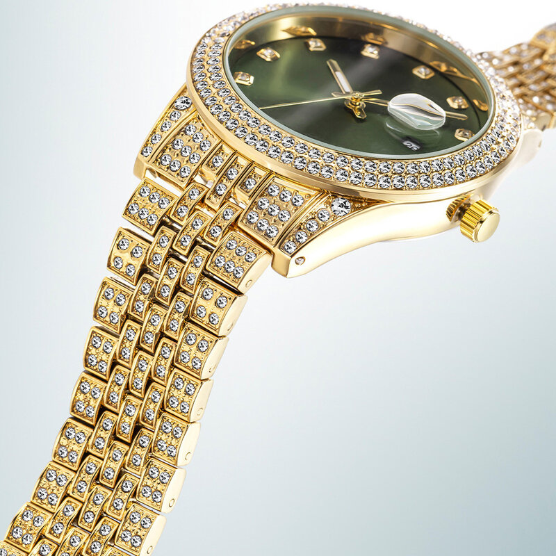 Relógio de ouro de luxo para homens hip hop pulseira cubana corrente iced para fora relógio masculino diamantes completos relógios masculinos à prova dwaterproof água reloj hombre