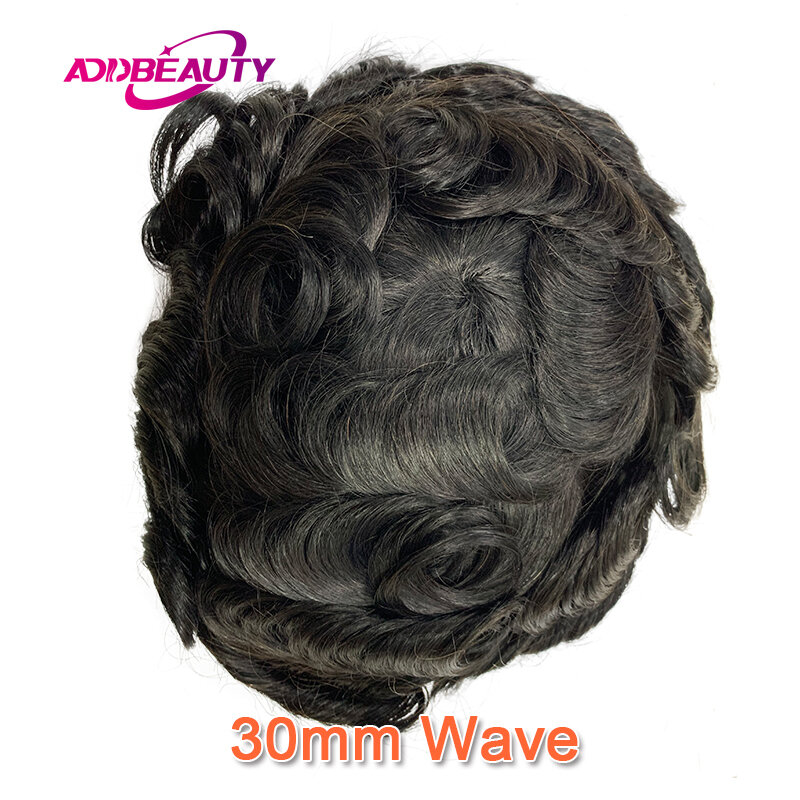 Men Toupee Fine Mono NPU Human Natural Hairpiece Straight Wave Human Hair Wigs 25mm Curl Men Capillary Prosthesis Natural Color