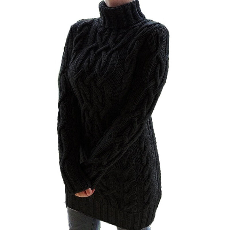 Женское вязаное платье-свитер с высоким воротником и длинным рукавом