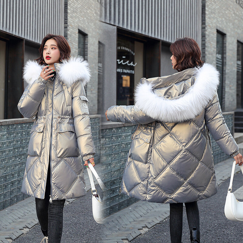 Jaqueta de algodão brilhante para mulheres, jaqueta Harajuku grossa solta, gola de pele com capuz, jaqueta oversize quente, moda coreana, inverno